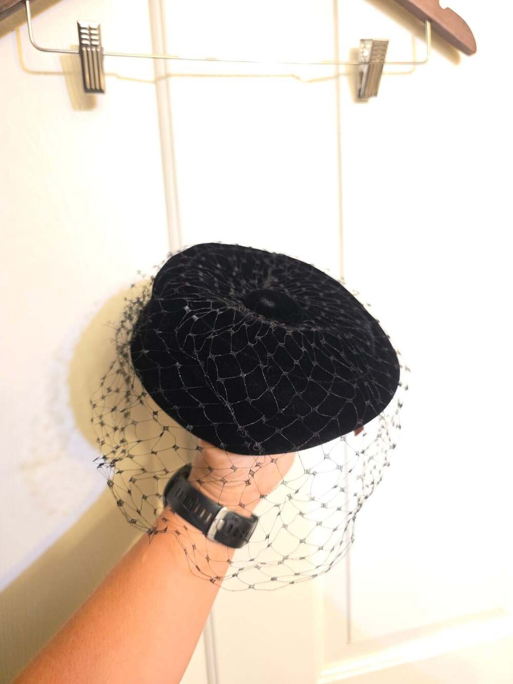 Vintage Black Velvet Pillbox Hat with Veil and Combs